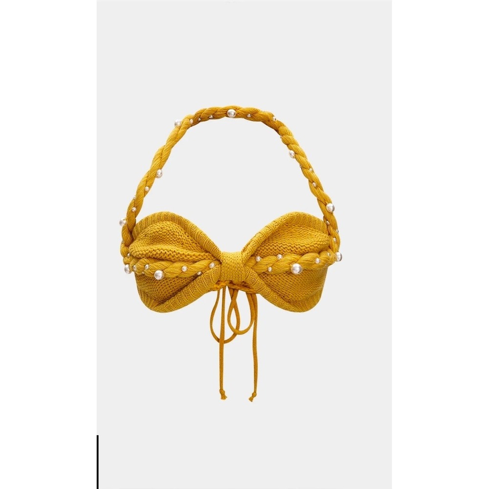 Pearl-Embellished Mustard Knit Bow Crop Top